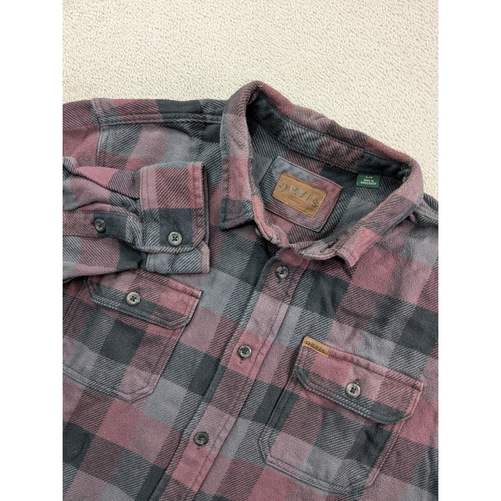 Orvis Mens Flannel Shirt L Burgundy Gray Plaid Cotton Button Down Classic Pocket